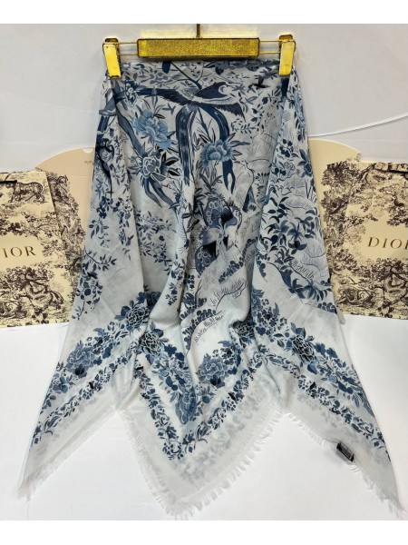 Платок Dior кашемировый белый с синим "Birds"
