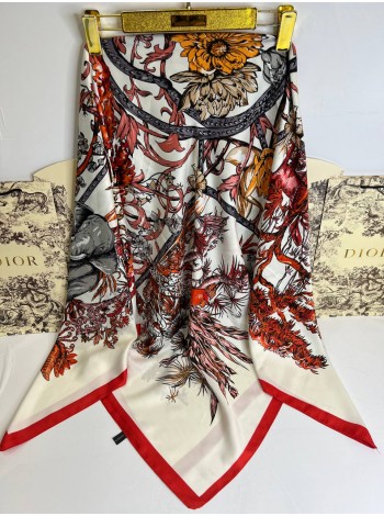 Платок Dior шелковый белый с красным "Jungle"