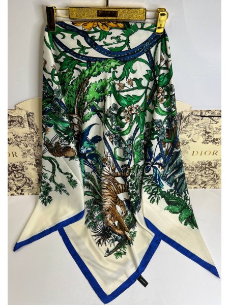 Платок Dior шелковый белый с синим "Jungle"
