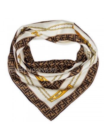 Платок Fendi шелковый белый с коричневым "Chains"