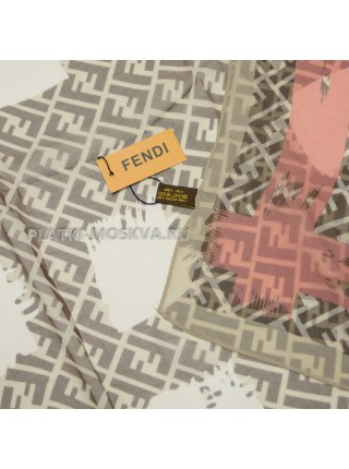 Платок Fendi шелковый светло-коричневый с коралловым "Monogram"