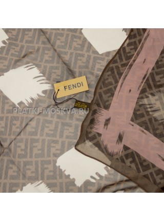 Платок Fendi шелковый коричневый с розовым "Monogram"
