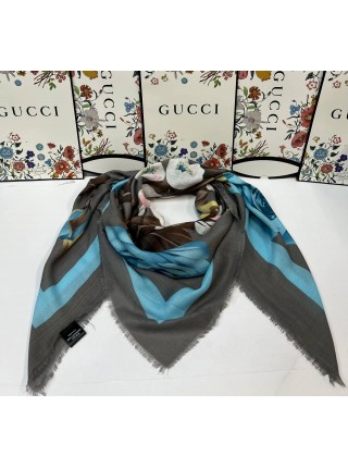 Платок Gucci кашемировый серый с голубым "Flowers"
