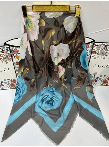 Платок Gucci кашемировый серый с голубым "Flowers"
