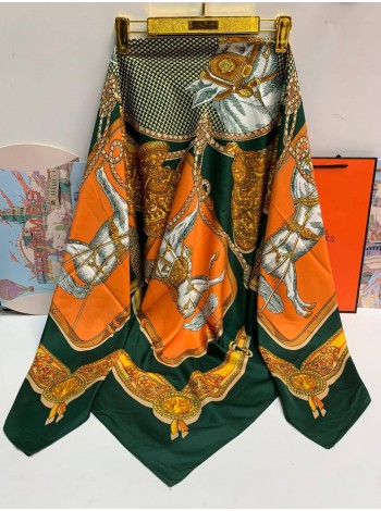 Платок Hermes шелковый зеленый с оранжевым "Voyage"