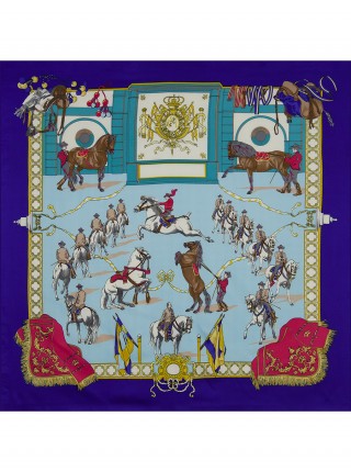 Платок Hermes шелковый синий с бирюзовым "Конница"